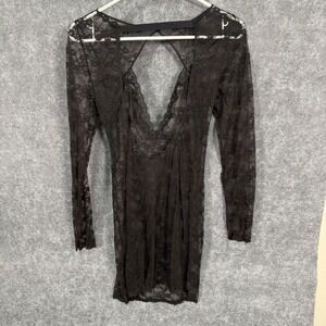 Victorias Secret Black Floral Lace Open Back Mini Dress Long Sleeve Goth